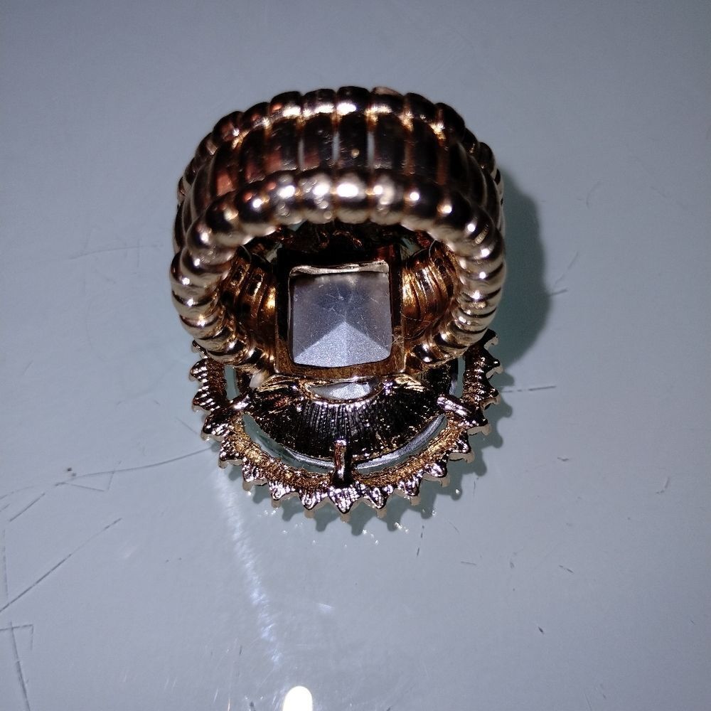 Crystal Pave Trim Teardrop Gold tone Stretch Ring - Picture 8 of 11